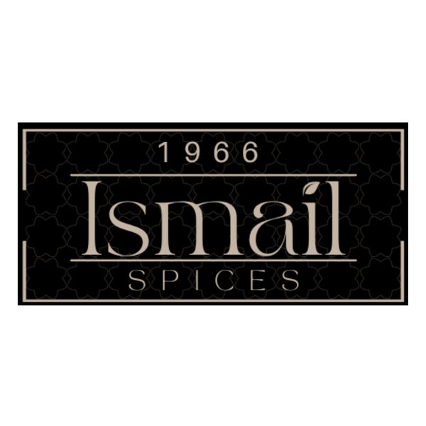 A rectangular black label with a subtle repeating geometric pattern, featuring the text '1966 Ismail SPICES' in a light beige serif font, centered on a white background.