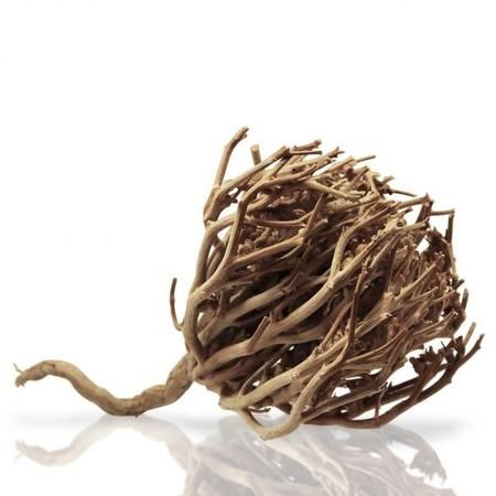 A dried botanical bundle made of many intertwined brown twigs and roots, photographed on a clean white background with a soft reflection below.